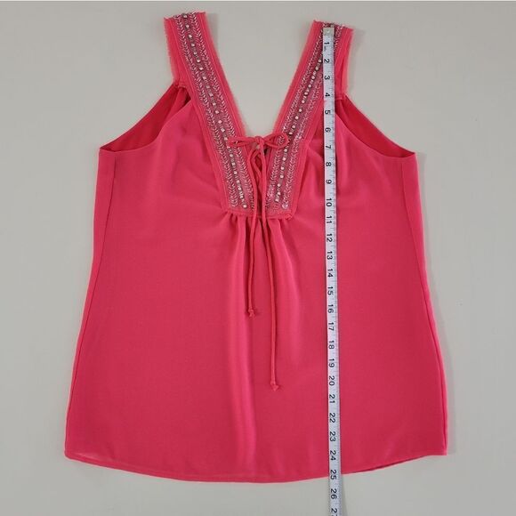 BKE Women's Deep Coral Embellished Chiffon Lined Lace-up Tank Blouse - Picture 5 of 13